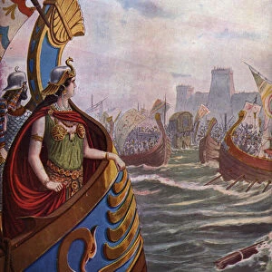 Antiquite, Roman Civil War: Egyptian Queen Cleopatre VII Thea Philopator (69-30 BC) at the Battle of Actium in the Ambracic Gulf on 2 September 31 BC against the Fleet of Octave (Final War of the Roman Republic)