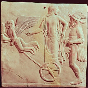 Aphrodite and Hermes riding on a chariot pulled by Eros and Psyche, 470 BC (terracotta)