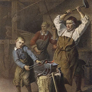The apprehensive blacksmiths apprentice (colour litho)