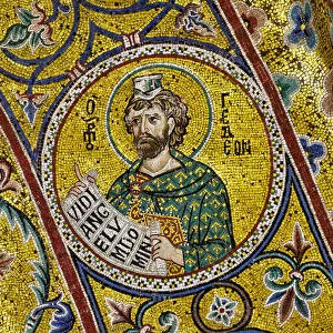 Apsidal arch: Prophet GIdeon, byzantine school mosaic with a golden background (mosaic)