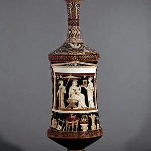 Apulian loutrophoros, inside a Naiskos with diadem, sits between two maids