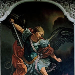 The Archangel Saint Michael Terrassing the Dragon Painting by V. M. De Girolamo (20th century) after Guido Reni. 1957