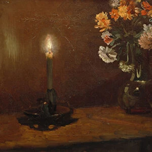 Arrangment with candel and flowers in vase, 1887