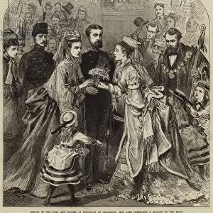 Arrival of the Duke and Duchess of Edinburgh at Gravesend, Miss Lake presenting a Bouquet to the Bride (engraving)