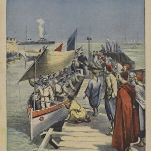 Arrival of the French cruisers Kleber and Galilee at Tangier, Morocco (colour litho)
