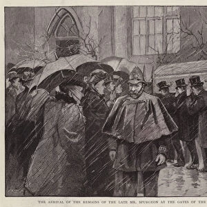Arrival of the remains of English Particular Baptist preacher Charles Haddon Spurgeon for his lying in state at the Pastors College, Newington, London, 1892 (litho)