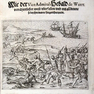Arrival of Sebald de Weert in Matecalo Batticaloa, 16th century (engraving)
