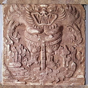 Art coreen: gray terracotta brick depicting a monster. Kingdom of Paekche