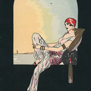 Art Deco image of a woman reclining in a window seat (colour litho)