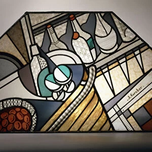 An Art Deco stained glass panel depicting a cocktail bar (leaded stained glass)