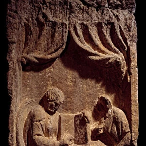 Art Gallo Romain: stele representing an educational scene with master and pupil