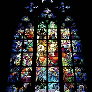 Art Nouveau Stained-Glass Window With the Scenes of the Christianization of the Czech Lands in the New Archbishopric Chapel of St. Vitus Cathedral, Prague, Czech Republic (photo)