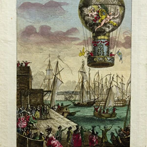Ascent of a Mongolfiere hot air balloon at Calais in 1785 (colour litho)