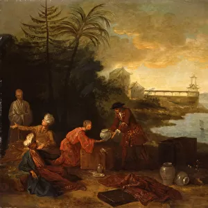 Asia - A European merchant buying porcelain from a Chinese trader, 1724 (oil on canvas)