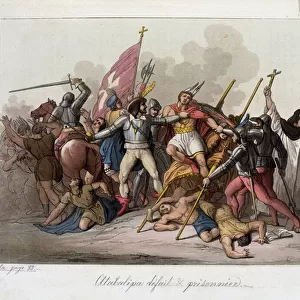 Atahualpa (c. 1502-33) defeated and taken prisoner by the troops of Francisco Pizarro (c. 1478-1541), 1815 (colour litho)