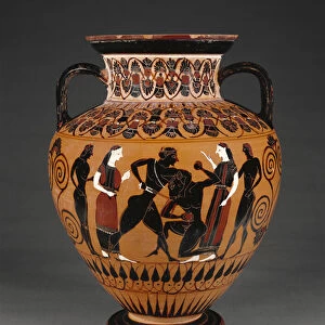 Athenian Attic black-figure neck amphora with Theseus killing the Minotaur, c. 550 BC (terracotta)