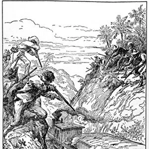Attack by Cubans on fortified railroad train, illustration from