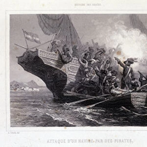 Attack d un navire par des pirates, au XVII siecle - in "