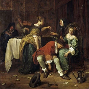 The Bad Company. painting by Steen Jan Havicksz (1626-1679) (Hs / WOOD 0. 41 X 0. 35)