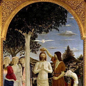 The baptism of Christ John the Baptist baptizes Jesus while another man behind him also