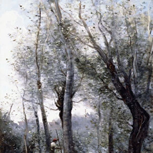 A Barge passing beind Trees on the Shore, 1865-70 (oil on canvas)