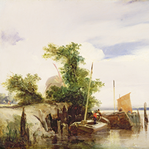 Barges on a River, c. 1825-26 (oil on millboard) (signed)
