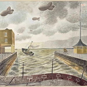 Barrage Balloons Outside a British Port (pencil and w / c on paper)