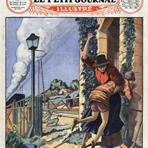 A barrier guard, who prevented a girl from being crushed by a train, gives her a feast to punish her for her recklessness. Engraving. One of "Le petit journal illustrious", 1928. Private collection
