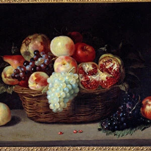 Basket of grenades, peaches and grapes Painting by Jacques Linard (1600-1645
