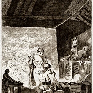 The Bat: a painter draws a donkey on the navel of his unfaithful wife (La Fontaines tale), 1795 (engraving)