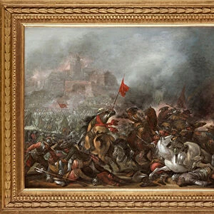 Bataille entre turcs et chretiens lors de la prise de Constantinople par l armee ottomane en 1453 - Peinture de Jacob Matthias Weyer (1620-1670), huile sur bois (39x49 cm) - The Turkish War