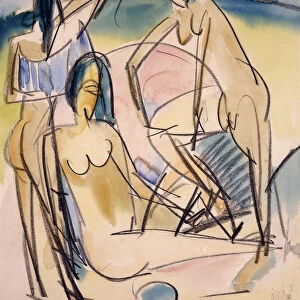 Bathers on the Shore, Fehmarn, (watercolour and black crayon on paper)