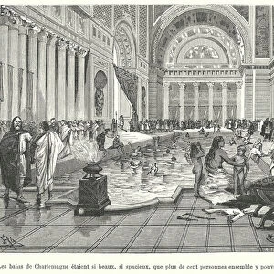 Baths built by the Emperor Charlemagne, so spacious that over a hundred people could use them at once (engraving)