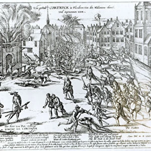 The Battle of Courtrai Between the French and the Flemish, 1580 (engraving) (b / w photo)