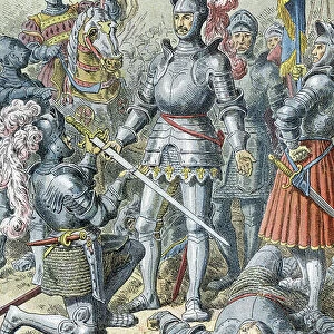 The Battle of Pavia (1525): Francois I hands over his sword to Charles de Lannoy, 1897 (Engraving)