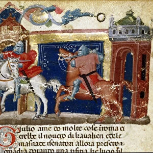 Battle scene between two knights in armor, circa 1340 (miniature)
