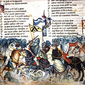 Battle scene. Miniature of the "Roman de Troy"by Benoit de Saint Maure