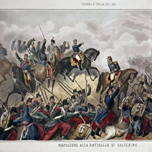 Battle of Solferino, June 24, 1859. Napoleon III riding in battle (engraving)