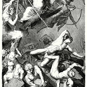 Battle between the Titans and the children of Cronos in Greek mythology (engraving)