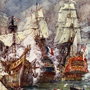 Battle of Trafalgar, 1805, the Redoutable receiving fire from the Victory and Temeraire (colour litho)