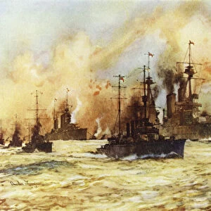 The battlecruiser Indomitable towing the wounded battlecruiser Lion after the Battle of Dogger Bank, 24 January 1915 (colour litho)