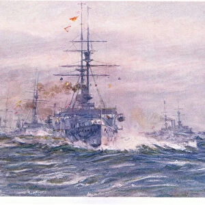Battleships of the White Era at sea, 1915 (colour litho)