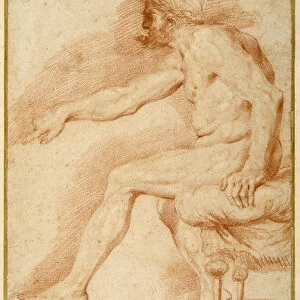 Bearded nude seated on a couch all antica (red chalk on cream paper)
