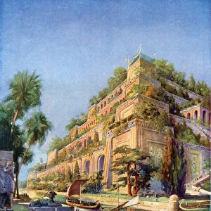 Beautiful Reconstruction of the Hanging Gardens of Babylon (colour litho)