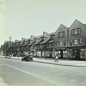 Becontree Estate: exterior of shops at Church Elm Lane, 1928 (b / w photo)