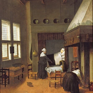 Bedroom Interior with Mother and New-Born Child (oil on panel)