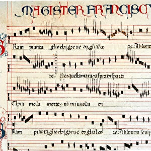 Beginning of a score by Francesco Landino. (1325-1397) was a composer, organist, singer. Codex Squarcialupi, membranaceo, Firenze, Library Laurenziana, Ms. Med. Pal. 87, Carta 8v