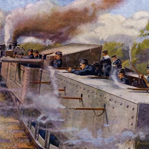 A Belgian armoured train in action during the Great War (litho)