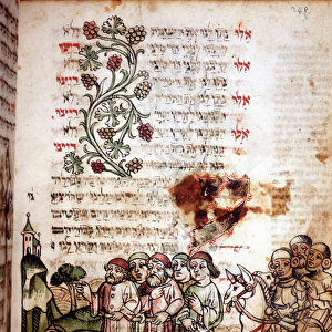 Bible scene: Jews cross the Red Sea. Page of a Machazor, book of prayer in Hebrew