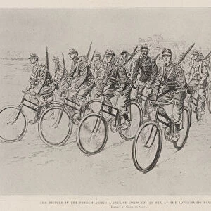 The Bicycle in the French Army, a Cyclist Corps of 150 Men at the Longchamps Review (engraving)